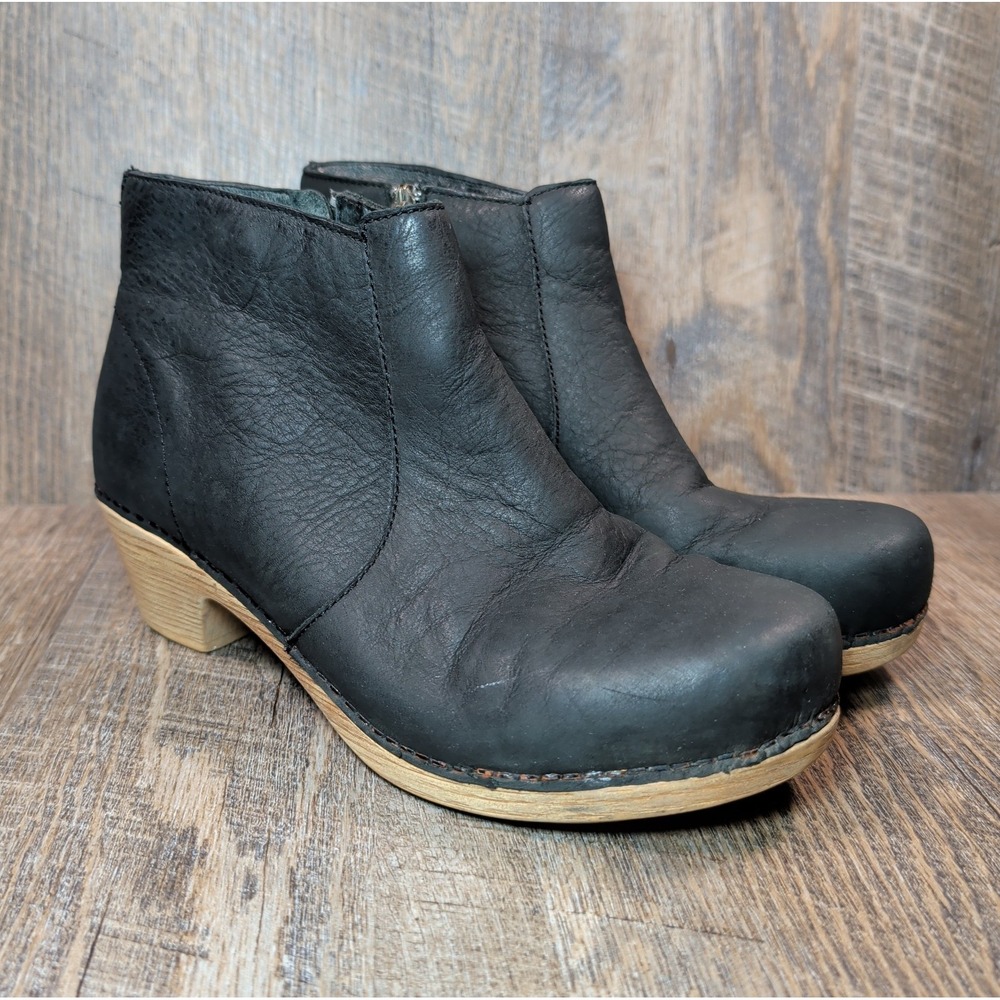 Dansko Maria Black Leather Ankle Boots Block Heel Zip Women's 37 US 6.5-7